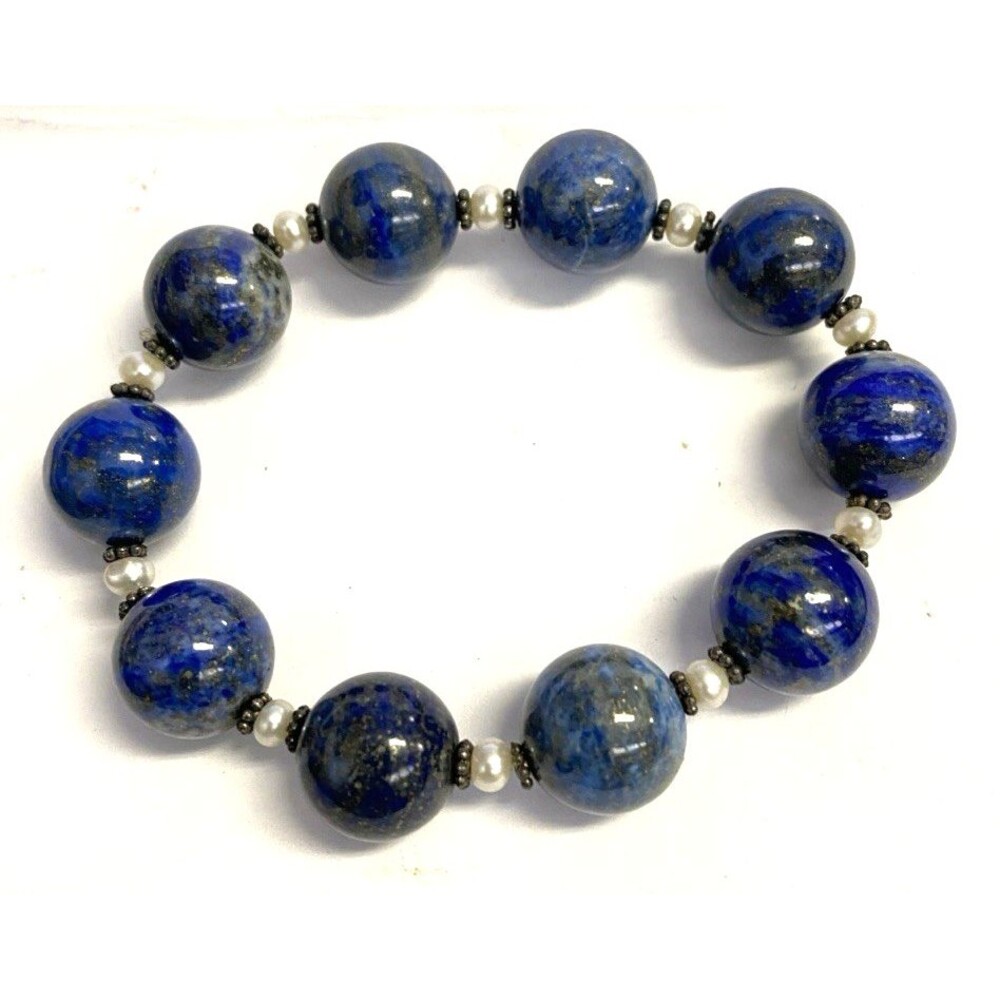 Vintage Lapis Lazuli and Freshwater Pearl Beaded Bracelet Tiny Silver Accents